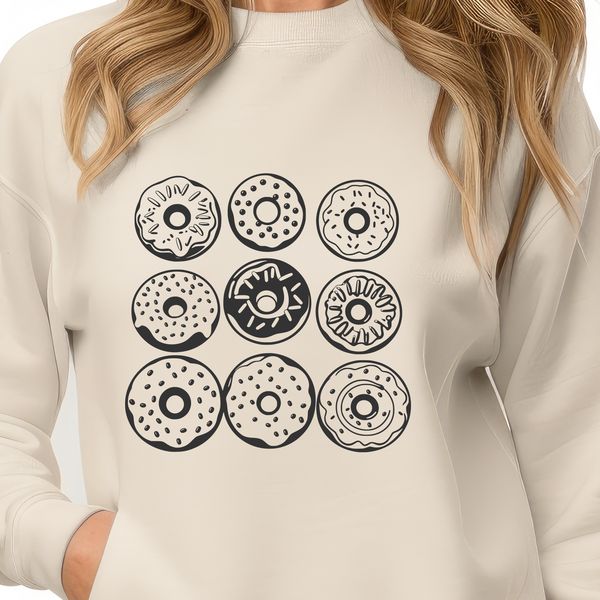 A stylized illustration of a donut with a round shape and decorative toppings.