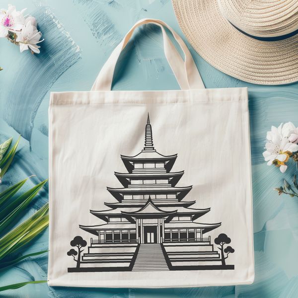 A stylized representation of a traditional Buddhist temple with intricate design elements.