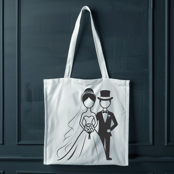 Elegant Wedding Duo A bride and groom standing together in formal attire, with a subtle background pattern.