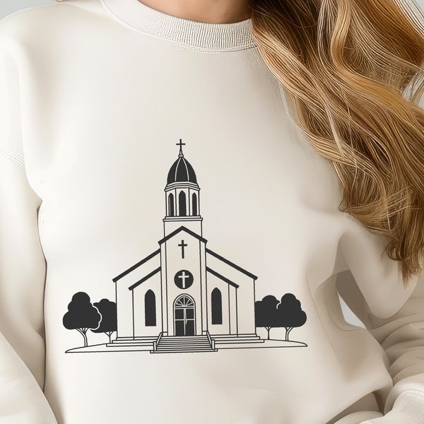 A simple design of a Christian church with a traditional style and architectural elements.