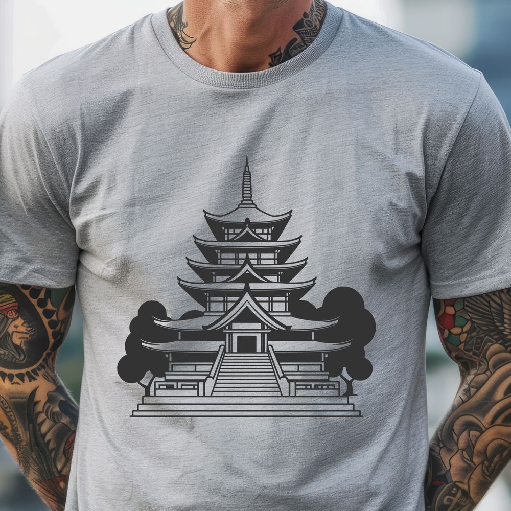 Ornate Asian Architecture Design A 2D illustration of a traditional Buddhist temple with intricate details and ornate architecture.