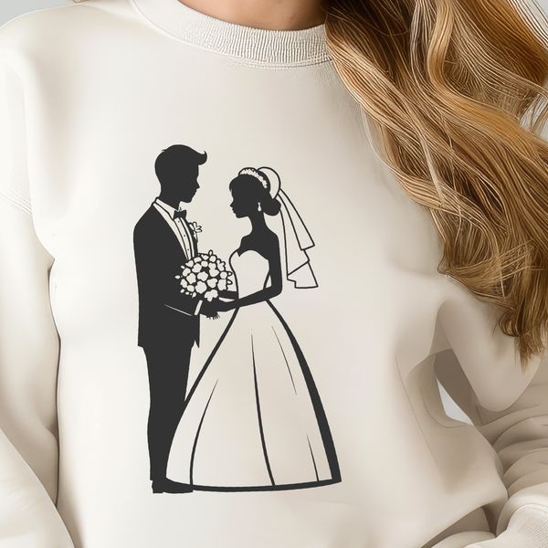 Romantic Couple Scene SVG Design A stylized illustration of a wedding, featuring a bride and groom in a romantic setting.