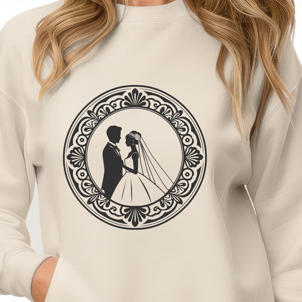 Happy Couple Silhouette A young bride and groom standing together, smiling, with a decorative background.