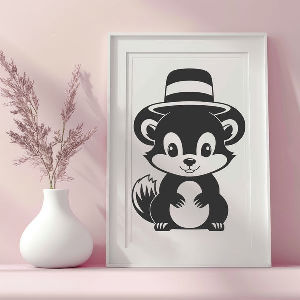 A skunk is illustrated with a decorative hat on its head, conveying a whimsical and playful theme.
