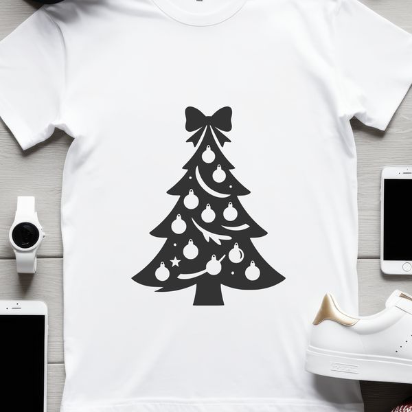 A minimalist digital illustration of a Christmas tree with ornaments.