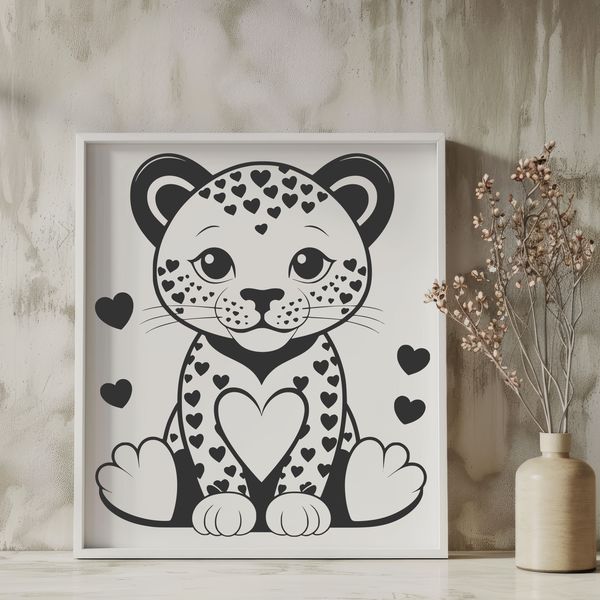Whimsical Wildlife Design with Heart A sleek big cat with love hearts incorporated into its design, suitable for digital cutting machines like Cricut.