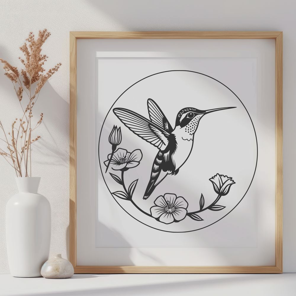 Whimsical Hummingbird Illustration Vector A colorful hummingbird perched on a floral branch, vector illustration suitable for cutting machines or digital design.