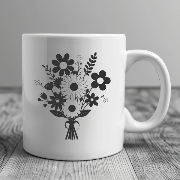 Whimsical Wedding Blooms A beautifully illustrated bouquet of flowers in various colors and shapes.