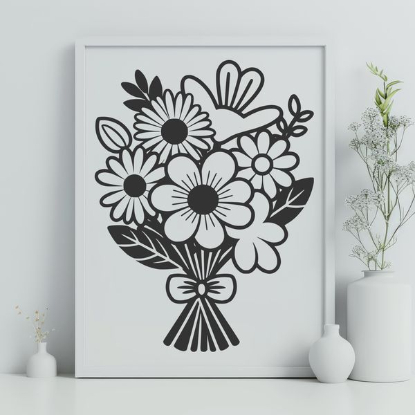 Mixed Flower Arrangement SVG Design An illustration of a mixed flower bouquet with stems and leaves.