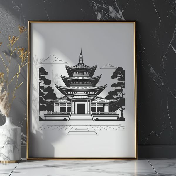A detailed illustration of a traditional Buddhist temple architecture in SVG format.
