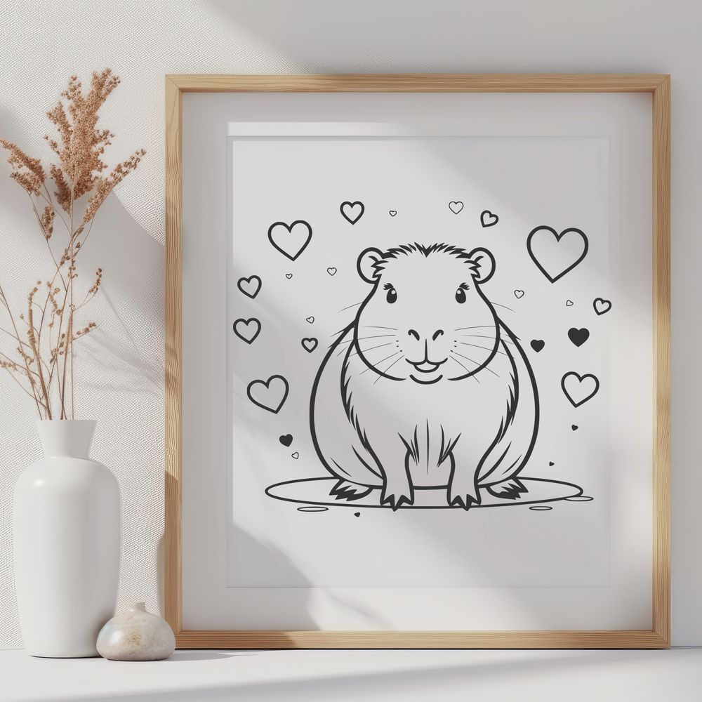 Cute Capybara Illustration with Love Hearts A digital illustration of a capybara, the world's largest rodent, featuring hearts in a playful design.
