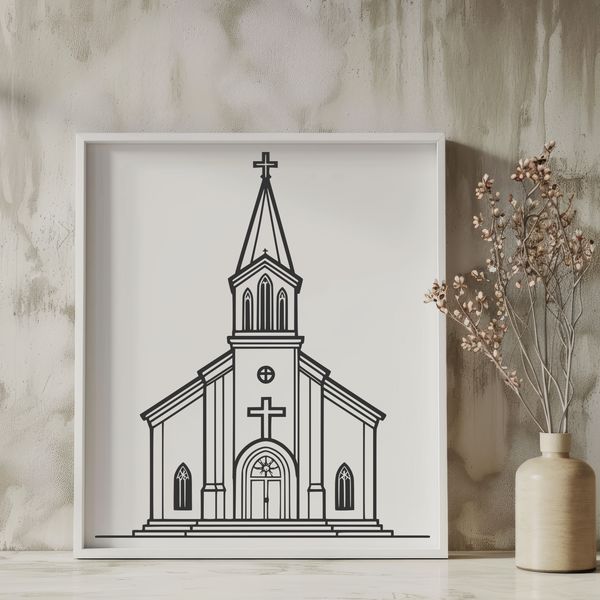 SVG Vector Art of a Classic Church Building A 2D vector representation of a traditional Catholic church with a distinctive steeple and ornate details.