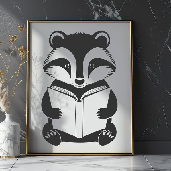 A wild badger sitting on the ground with a book in its paws.