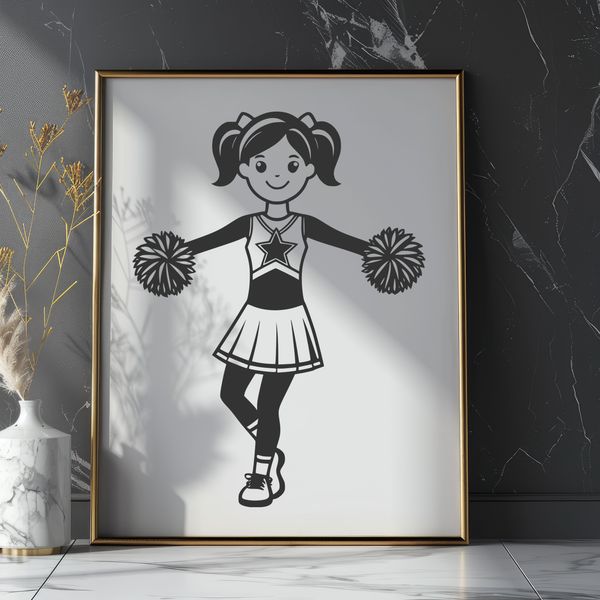 Cheerleader Clip Art SVG A young girl wearing a cheerleading uniform and pom-poms, suitable for digital cutting machines like Cricut.