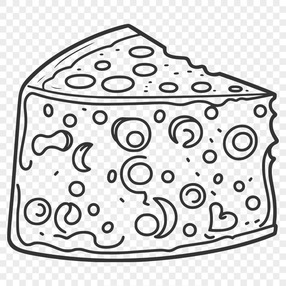 A detailed illustration of a wedge of cheese with intricate design.
