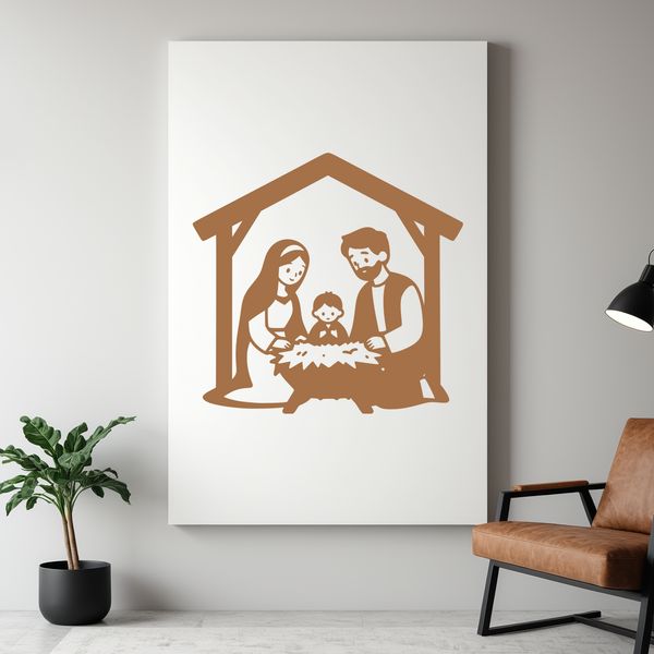 A traditional illustration of the Holy Family in a serene winter scene, suitable for personal or commercial use.