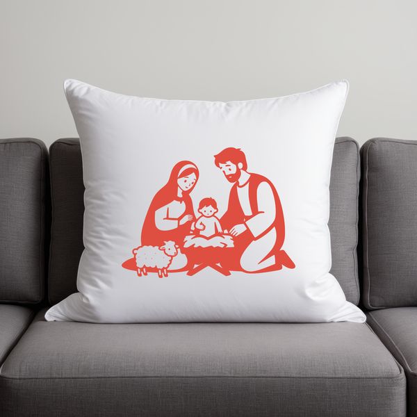 Nativity scene illustration with Mary, Joseph, and baby Jesus surrounded by animals in a traditional Christmas setting.