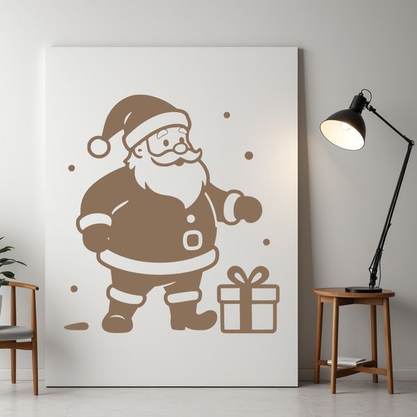 A stylized illustration of a jovial man in a red suit with white trim and a black hat.