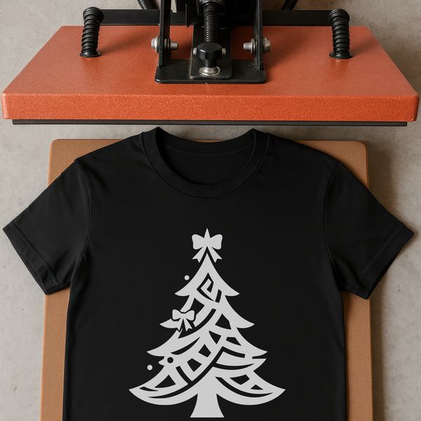 An editable vector graphic design of a festive Christmas tree with red and gold accents.