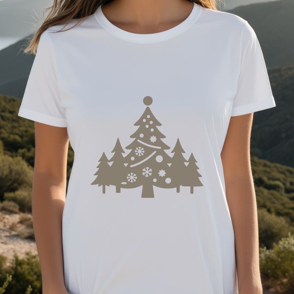 A stylized, illustrated Christmas tree with ornaments and lights.