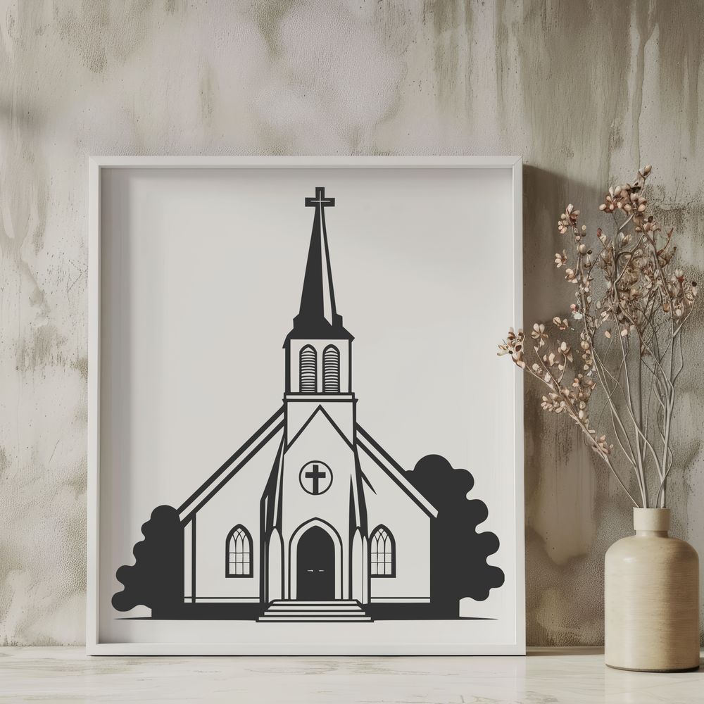 Beautiful Church Building Clip Art Design A stylized illustration of a traditional Baptist church building, suitable for various digital uses.