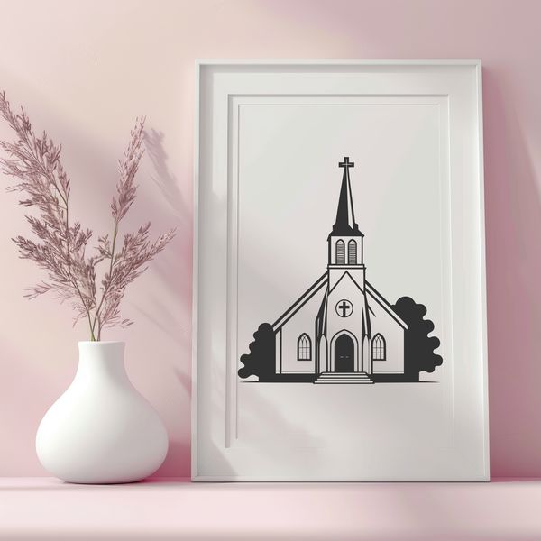 A digital illustration of a traditional Baptist church building.