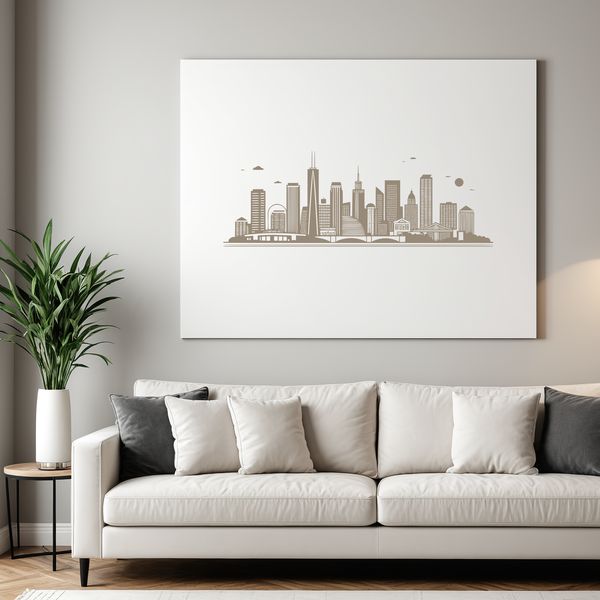 Illustrated city skyline with skyscrapers and buildings in vector format