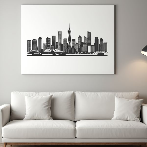A stylized illustration of a city skyline with skyscrapers and buildings.