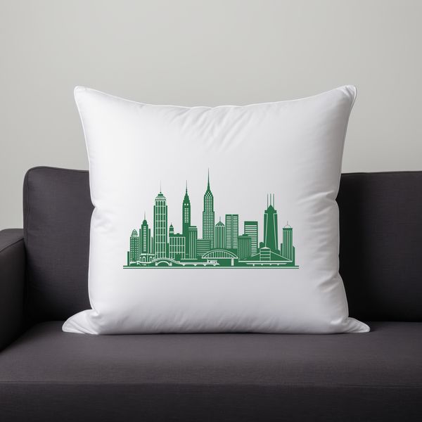 Sunset Cityscape Design A stylized digital illustration of a city skyline at sunset.