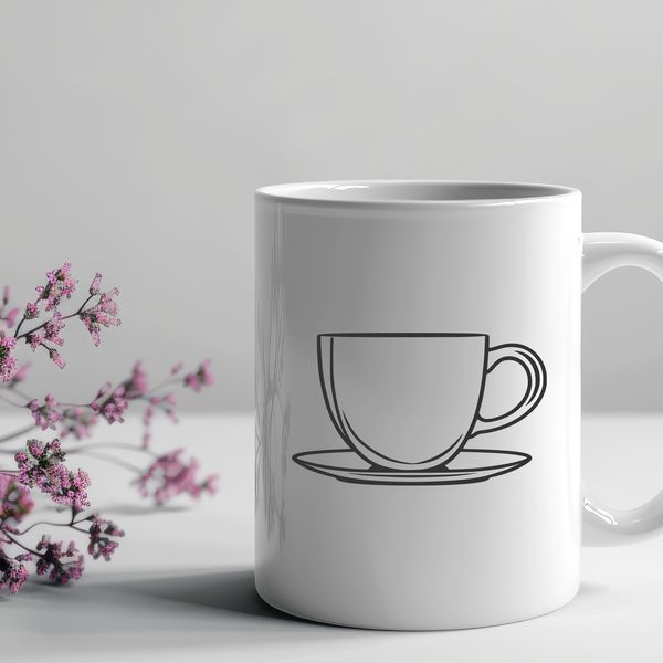 Floral Teacup Design A white ceramic teacup with floral design on a transparent background.