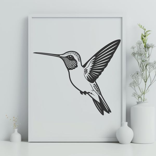 Beautiful Bird Illustration for Cutting Machines A detailed illustration of a hummingbird in flight, suitable for vector art and cutting machine designs.