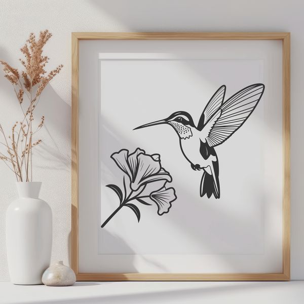 Floral Oasis Hummingbird Art A colorful illustration of a hummingbird in flight near a floral arrangement.