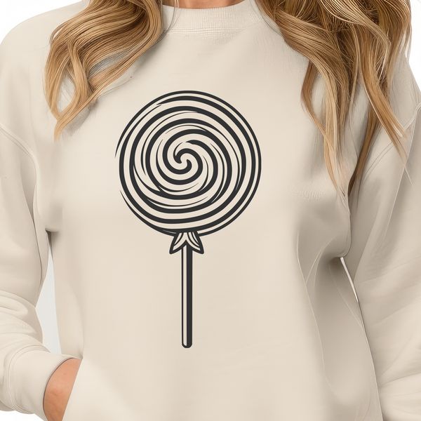 Striped Stick Lollipop SVG A colorful illustration of a lollipop with a striped stick and a swirly pattern on the treat.
