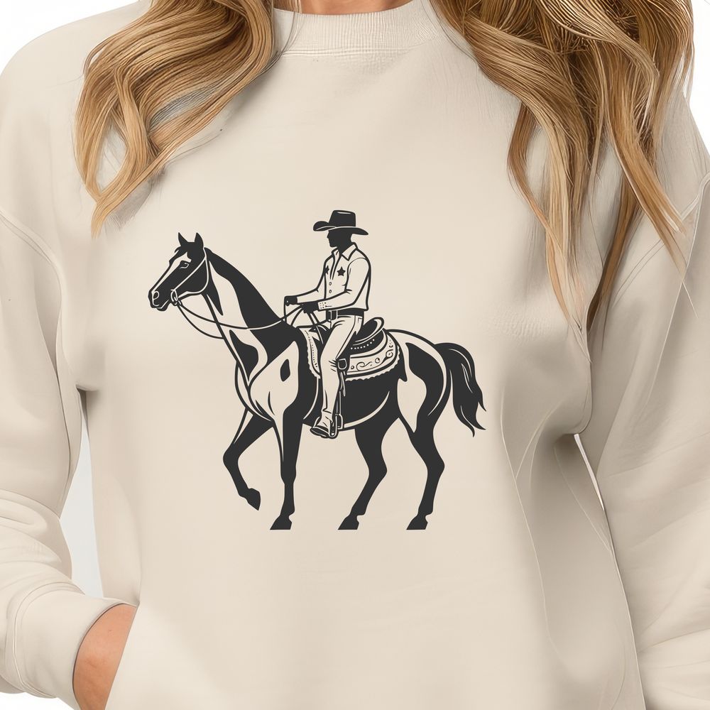 Cowboy on Horseback SVG Illustration A digital illustration of a cowboy on horseback in a Western-style setting.