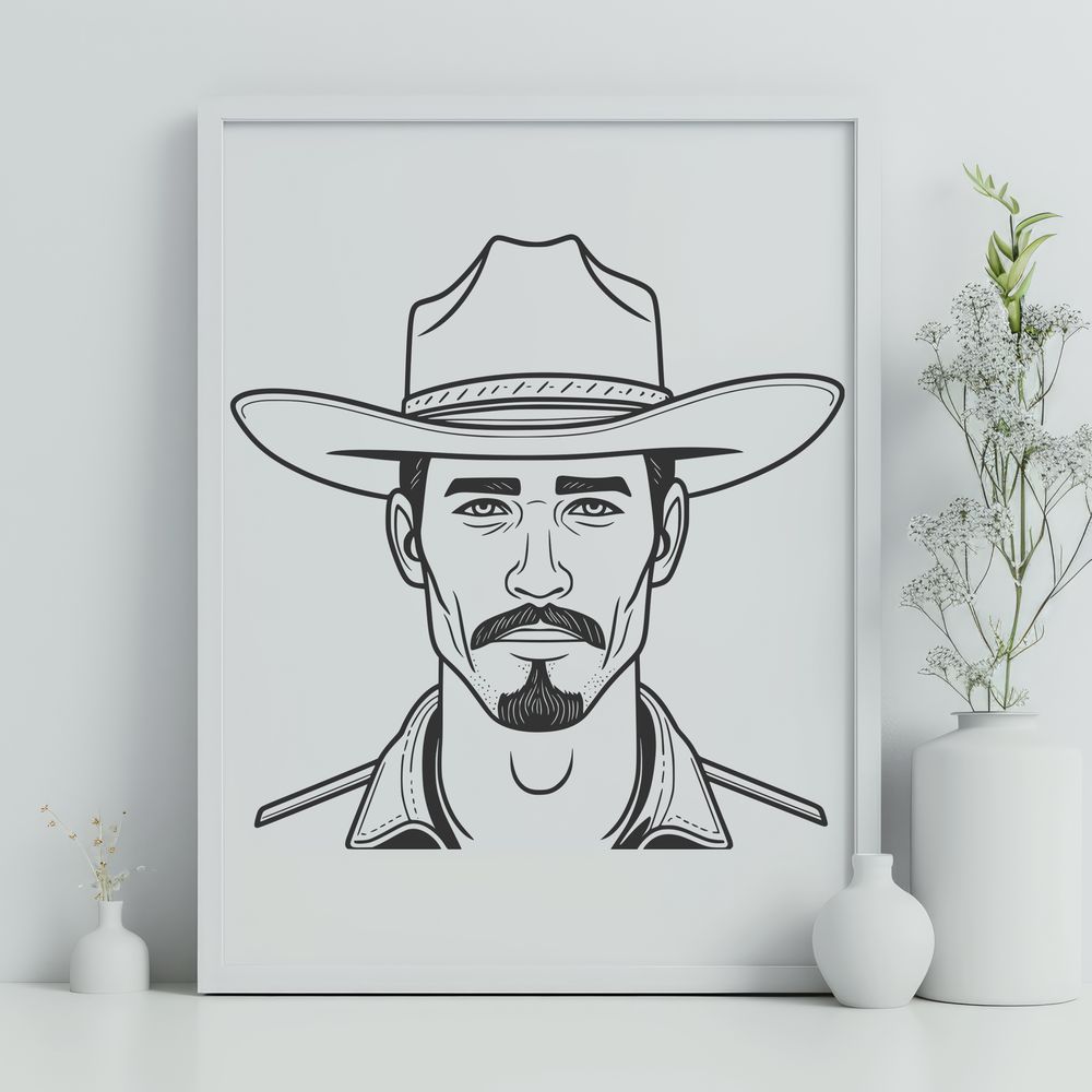 Rugged Cowboy Illustration A digital illustration of a rugged cowboy in Western attire, suitable for cutting machines like Cricut or laser cutters.