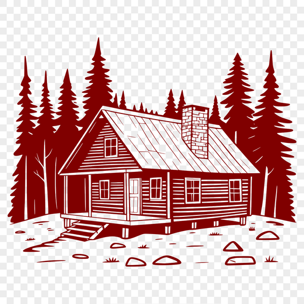 Free Vector Cabin Art A detailed, hand-drawn illustration of a rustic cabin in a serene woodland setting.