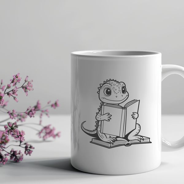 A stylized illustration of a reptile with a book in its hand.