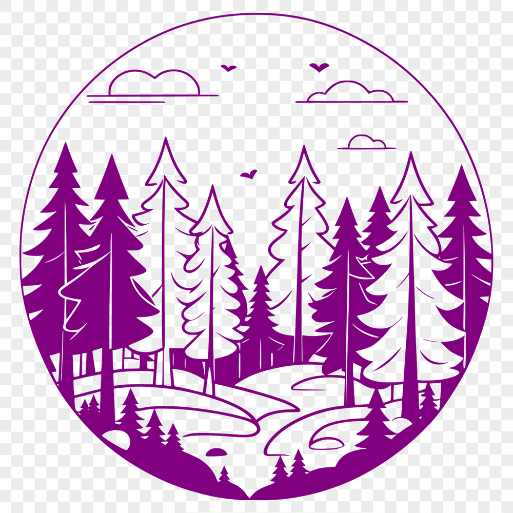 A detailed illustration of a forest landscape with various types of trees.