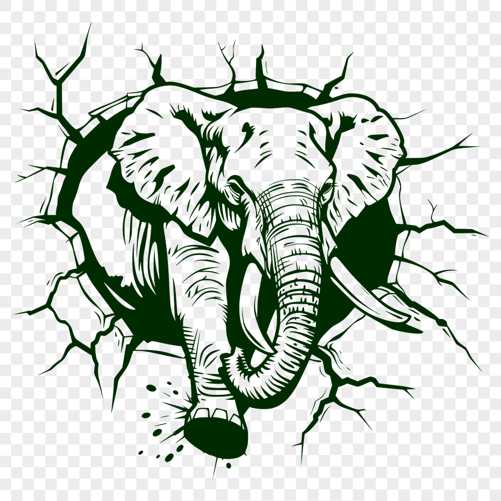 Beautiful Elephant Smashing Through Wall DXF