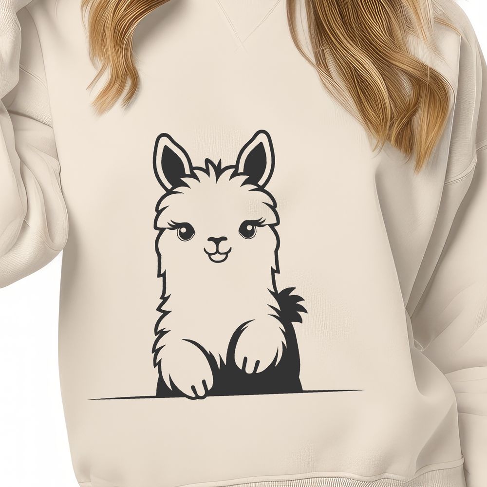 Peek-a-Boo Alpaca Design An illustration of a curious alpaca peeking out from behind a tree.