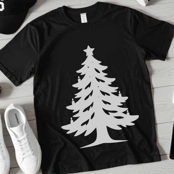 A simple vector illustration of a classic Christmas tree with green foliage and white lights.