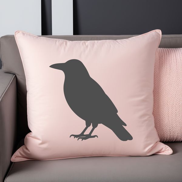 A detailed illustration of a crow in black silhouette against a white background.