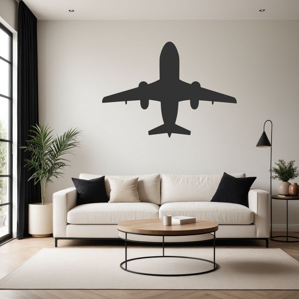 A stylized illustration of a commercial airliner in flight.