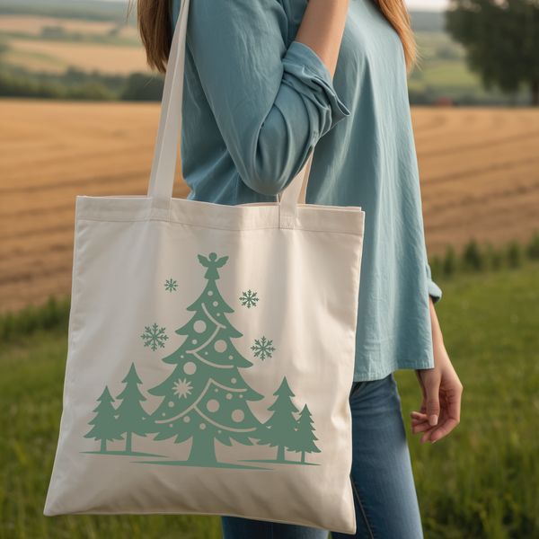 A stylized, vector graphic illustration of a festive Christmas tree.