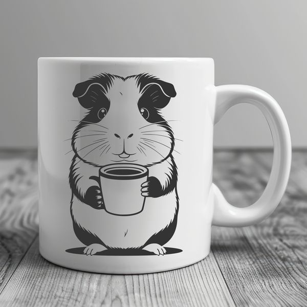 A close-up illustration of a friendly guinea pig sitting on a small coffee cup.