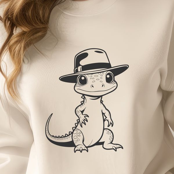 A colorful, illustrated lizard wearing a hat.