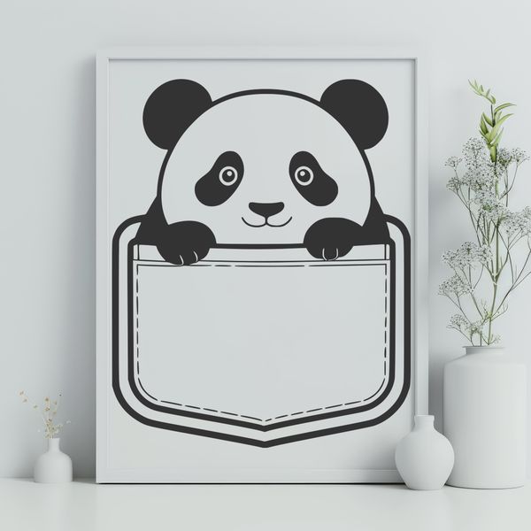 Playful Black and White Panda SVG A black and white illustration of a panda bear in a playful pose.