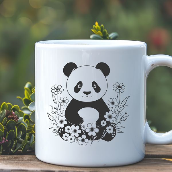 Panda in Bloom A realistic illustration of a panda in its natural habitat, with a floral background.