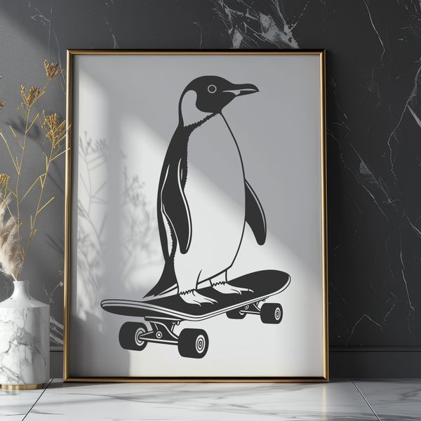 Colorful Cartoon Penguin on Skateboard SVG A cartoon penguin standing on a skateboard, created as a vector graphic design.