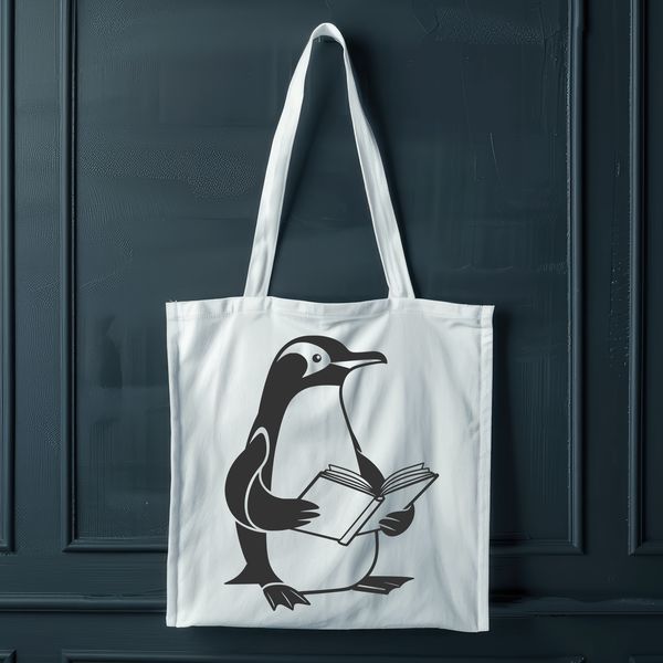 Penguin Reading on Ice A black and white illustration of a penguin sitting on ice, holding a book in its flippers.